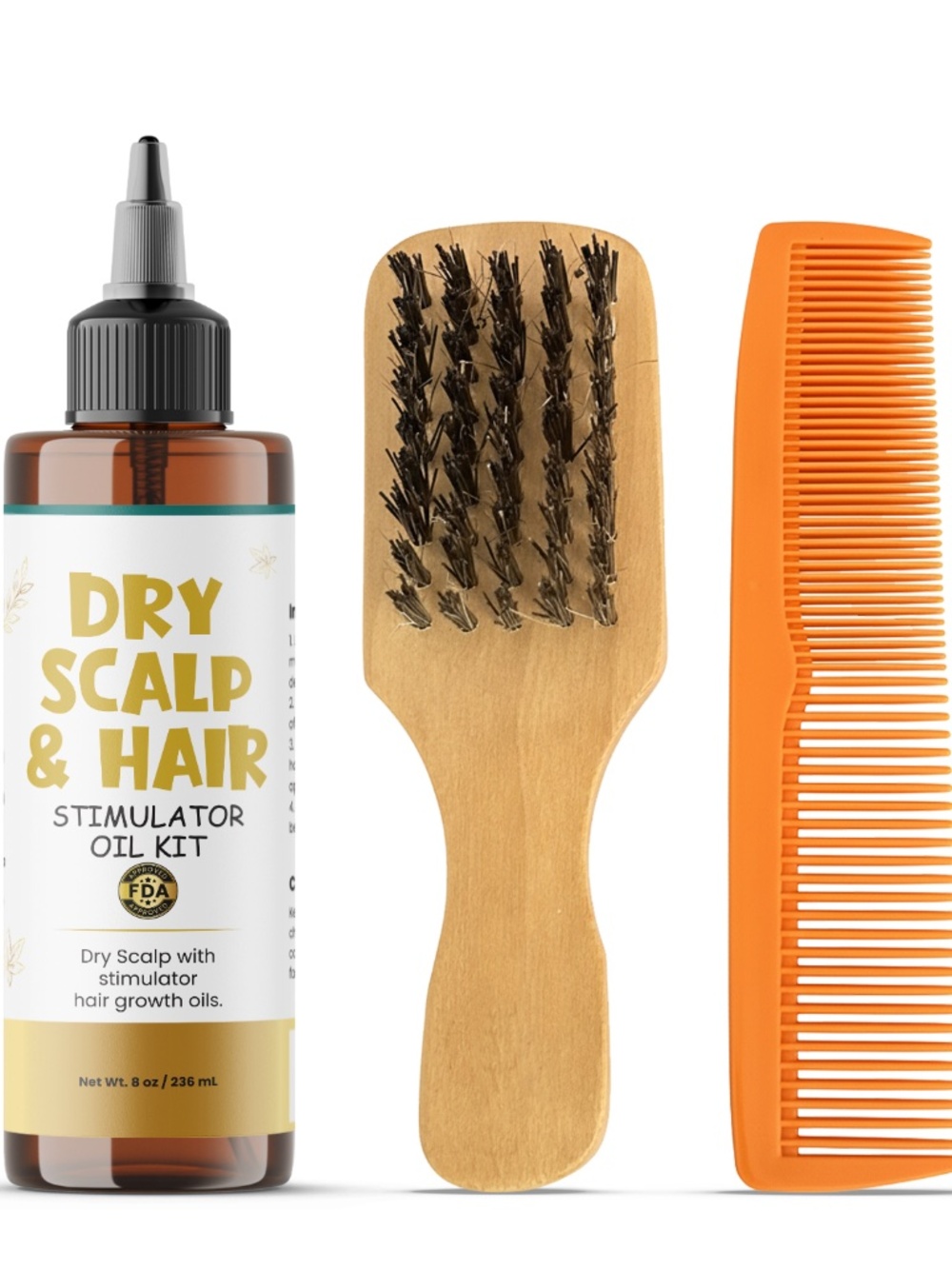 Dry Scalp & Hair Stimulator Oil Kit 8 oz Bottle/Brush & Comb Set